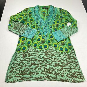 Sol Womens Tunic Top M Green Blue Boho Crochet Trim Peacock Print Ethnic Shirt